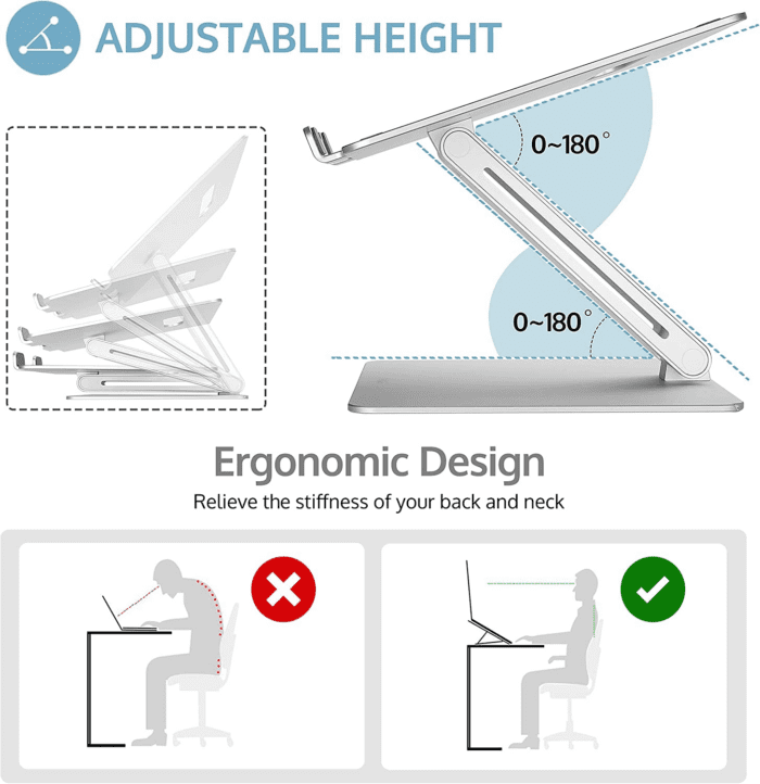 Adjustable Laptop Stand, Ergonomic Aluminum Laptop Holder, Portable Laptop Riser Notebook Computer Stand for Macbook Pro/Air Surface Dell Lenovo Laptops up to 15.6-Inch - Silver - Image 3