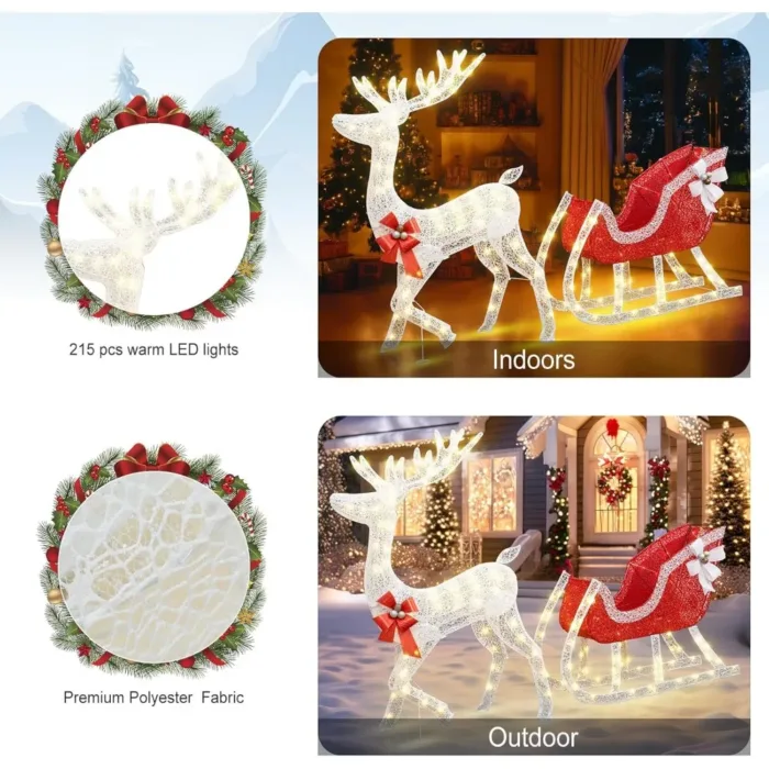 Christmas decoration reindeer and sled set, outdoor courtyard decoration with lights, white reindeer/red sled, 215 LED lights - Image 6