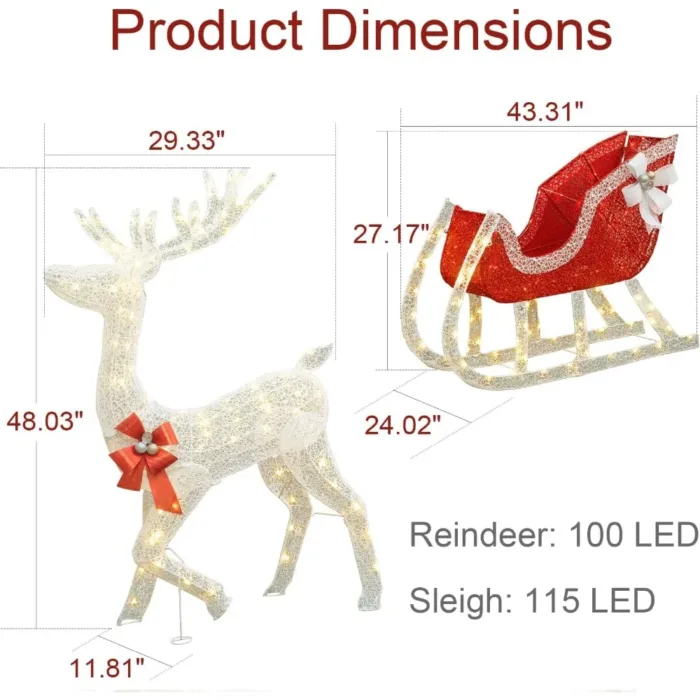 Christmas decoration reindeer and sled set, outdoor courtyard decoration with lights, white reindeer/red sled, 215 LED lights - Image 3