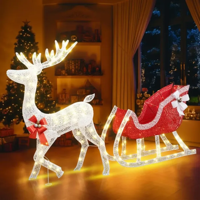 Christmas decoration reindeer and sled set, outdoor courtyard decoration with lights, white reindeer/red sled, 215 LED lights - Image 4