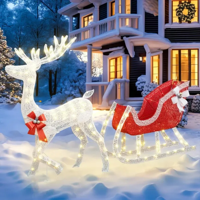 Christmas decoration reindeer and sled set, outdoor courtyard decoration with lights, white reindeer/red sled, 215 LED lights