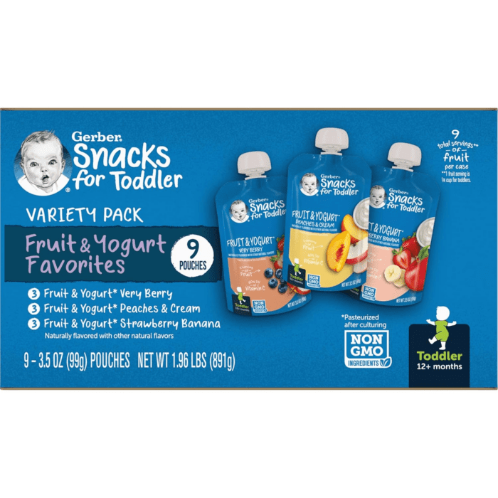 Baby Food Pouches, Very Berry (3), Peaches & Cream (2), Strawberry Banana (2), Value Pack, Fruit and Yogurt, Toddler, (3.5 Oz Each), (Pack of 9)