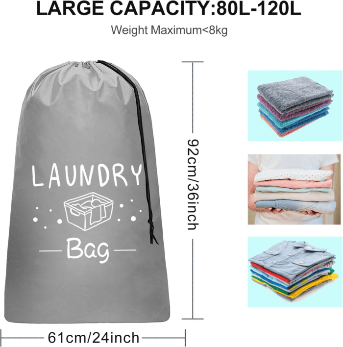 2 Pack Extra Large Travel Laundry Bag, Rip-Stop Dirty Clothes Shoulder Bag with Drawstring, Heavy Duty Travel Laundry Bag, Large Laundry Hamper Liner (Black+Light Grey, 24" X 36") - Image 6