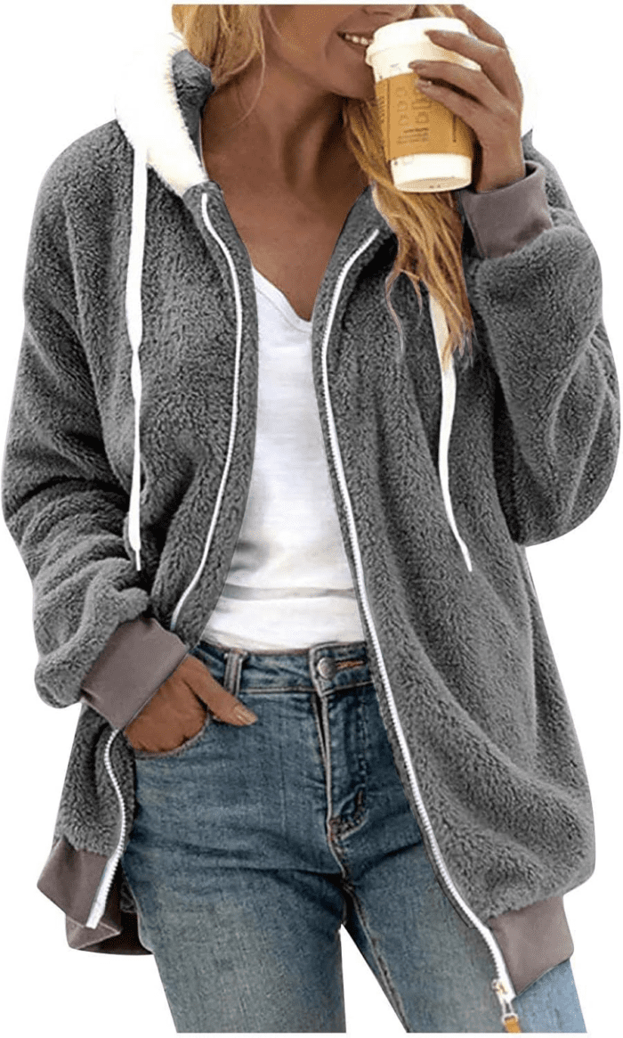 Winter Coats for Women Fuzzy Fleece Jacket Hooded Color Block Patchwork Cardigan Coat Outerwear with Pocket S-5XL - Image 2