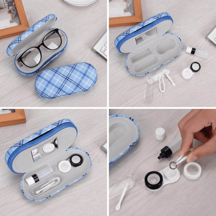 2 in 1 Double Sided Portable Contact Lens Case and Glasses Case,Dual Use Design with Built-In Mirror, Tweezer and Contact Lens Solution Bottle Included for Travel Kit - Image 6