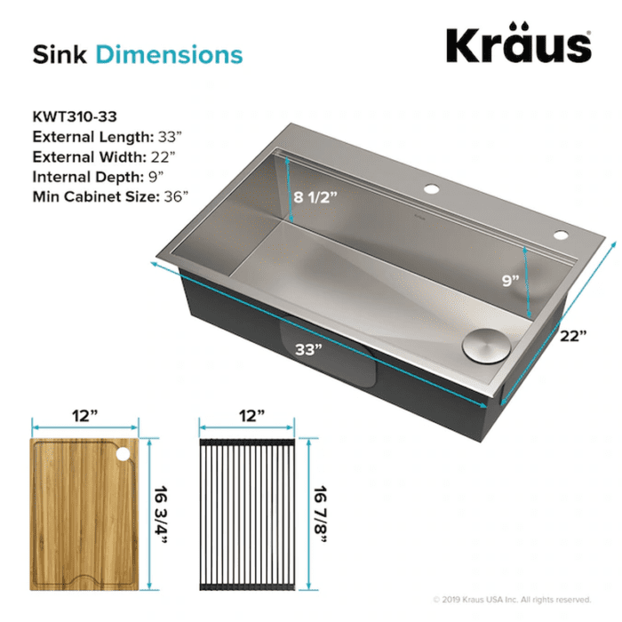 Kore Workstation Dual-Mount 33-In X 22-In Stainless Steel Single Bowl 2-Hole Workstation Kitchen Sink - Image 15