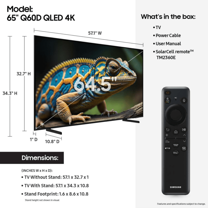 65-Inch Class QLED 4K Q60D Series Quantum HDR Smart TV W/Object Tracking Sound Lite, Motion Xcelerator, Slim Design, Gaming Hub, Alexa Built-In (QN65Q60D, 2024 Model) - Image 2