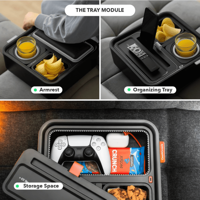 Original Tray - Drinks & Snacks Sofa Caddy with Armrest, Table with Phone Stand- TV Remote Control Storage and Organizer - for Living Rooms, RV, and Cars, Black/Black - Image 5