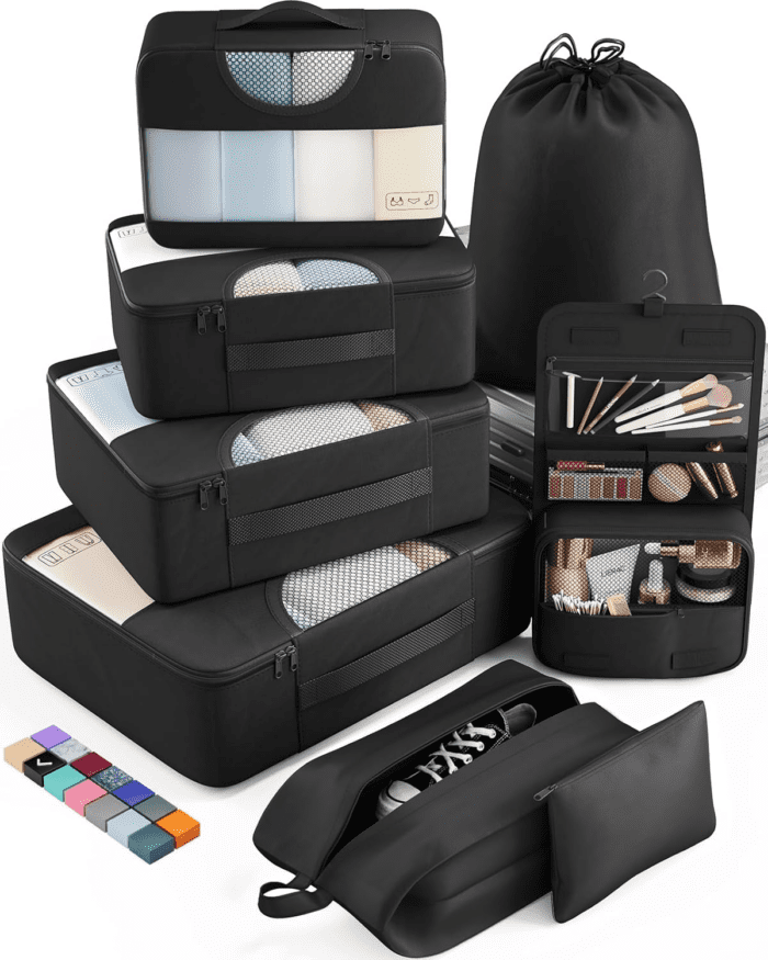 8 Set Packing Cubes for Suitcases, Travel Essentials for Carry On, Luggage Organizer Bags Set for Travel Accessories in 4 Sizes (Extra Large, Large, Medium, Small), Black