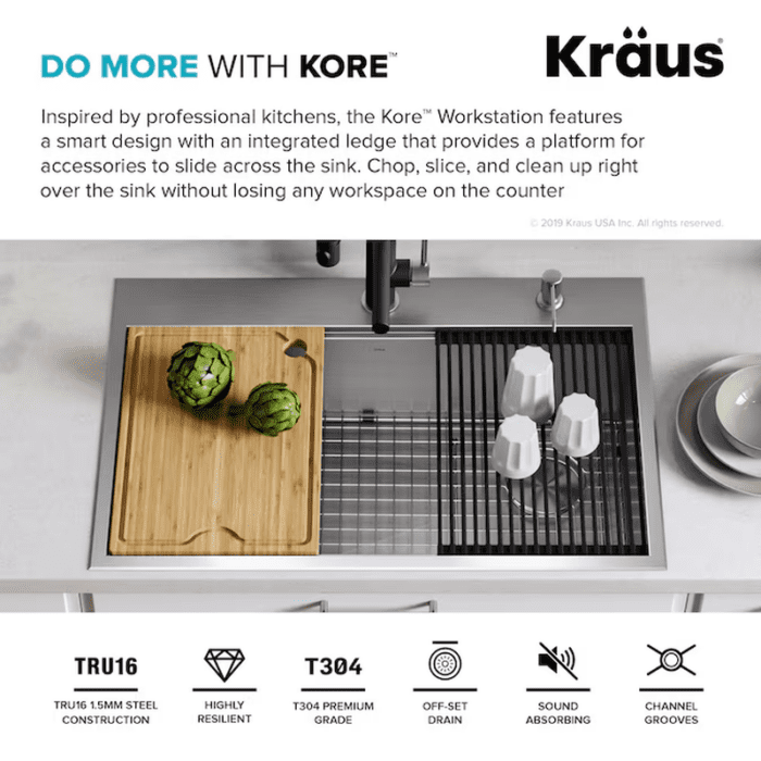 Kore Workstation Dual-Mount 33-In X 22-In Stainless Steel Single Bowl 2-Hole Workstation Kitchen Sink - Image 5