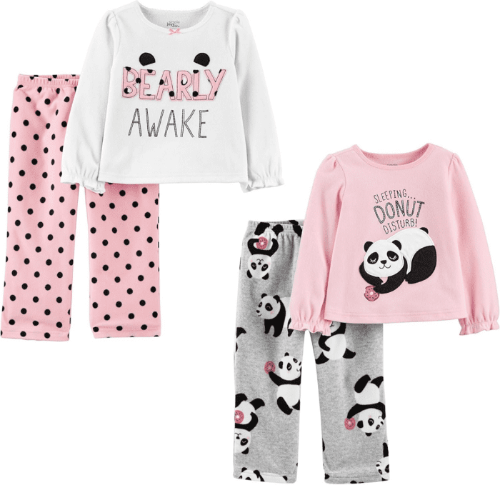 Girls' 4-Piece Pajama Set (Cotton Top & Fleece Bottom)