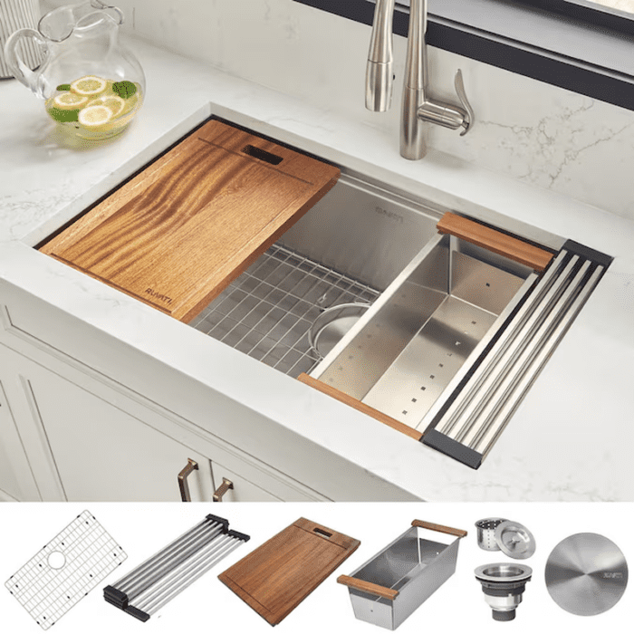 Roma Undermount 32-In X 19-In Brushed Stainless Steel Single Bowl Workstation Kitchen Sink - Image 14