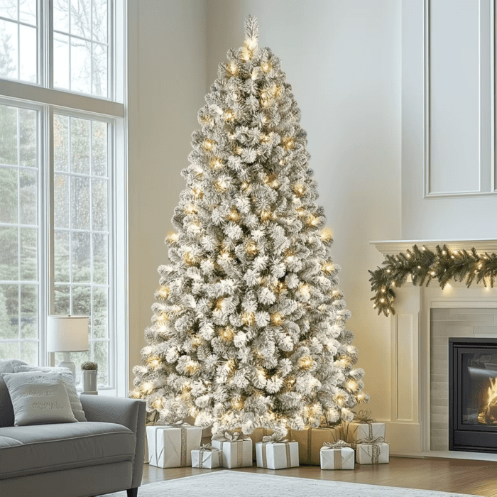 Christmas Tree, 6Ft Prelit Snow Flocked Artificial Holiday Christmas Tree, Full Snow Branch Tips, Christmas Decorations 2024