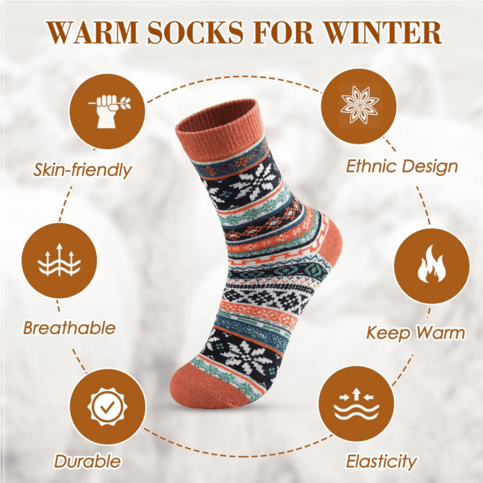 5 Pairs Wool Socks - Wool Socks for Women, Cozy Crew Socks, Warm Winter Socks for Women, Womens Vintage Socks, 6-10 - Image 3