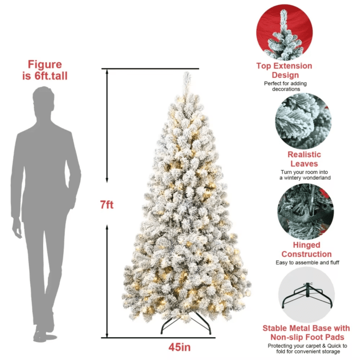 6Ft Pre-Lit Flocked Christmas Tree, Artificial Christmas Tree with Lights, Snow Frosted Trees Christmas Decor 2024 - Image 5