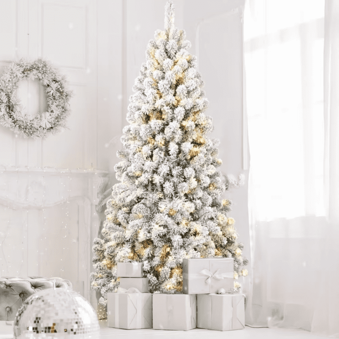 6Ft Pre-Lit Flocked Christmas Tree, Artificial Christmas Tree with Lights, Snow Frosted Trees Christmas Decor 2024 - Image 3