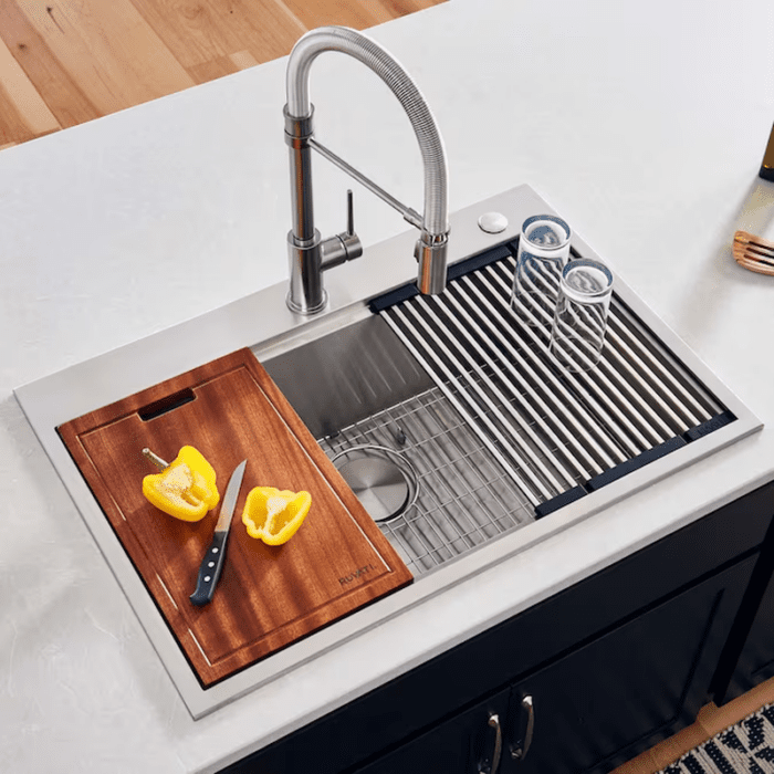 Siena Drop-In 33-In X 22-In Brushed Stainless Steel Single Bowl 2-Hole Workstation Kitchen Sink - Image 13