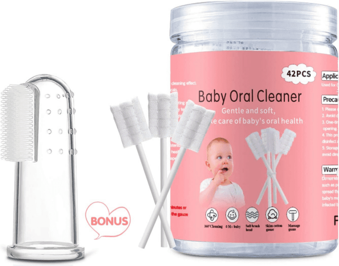 Baby Tongue Cleaner, Baby Toothbrush, 42Pcs Disposable Infant Toothbrush Clean Baby Mouth, Gauze Gum Cleaner Baby Oral Cleaning Stick Dental Care for 0-36 Month Baby+Free 1 Finger Toothbrush