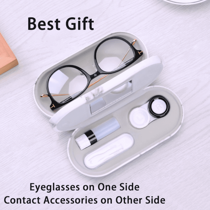 2 in 1 Double Sided Portable Contact Lens Case and Glasses Case,Dual Use Design with Built-In Mirror, Tweezer and Contact Lens Solution Bottle Included for Travel Kit - Image 4