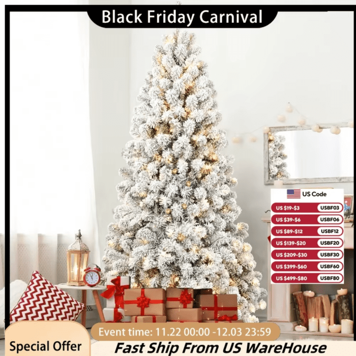 6Ft Pre-Lit Flocked Christmas Tree, Artificial Christmas Tree with Lights, Snow Frosted Trees Christmas Decor 2024