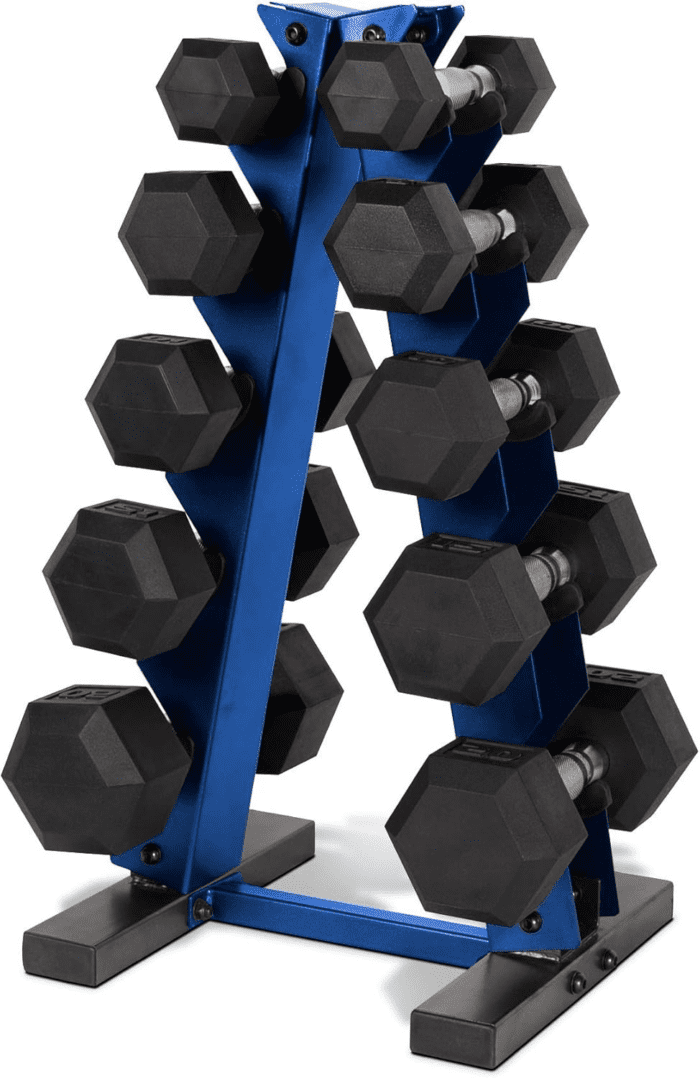 150 LB Coated Hex Dumbbell Weight Set with Vertical Rack | Multiple Colors