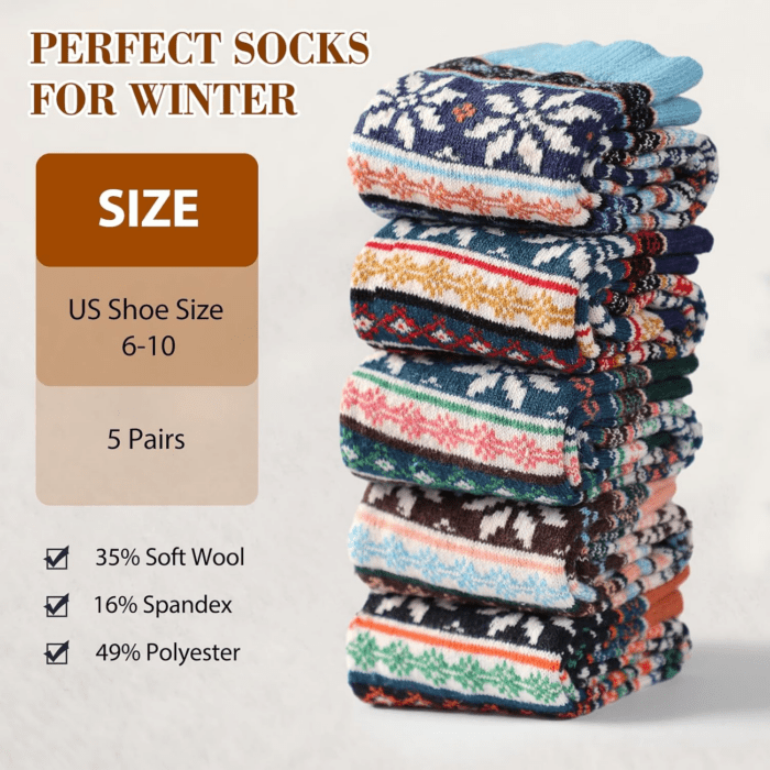 5 Pairs Wool Socks - Wool Socks for Women, Cozy Crew Socks, Warm Winter Socks for Women, Womens Vintage Socks, 6-10 - Image 2