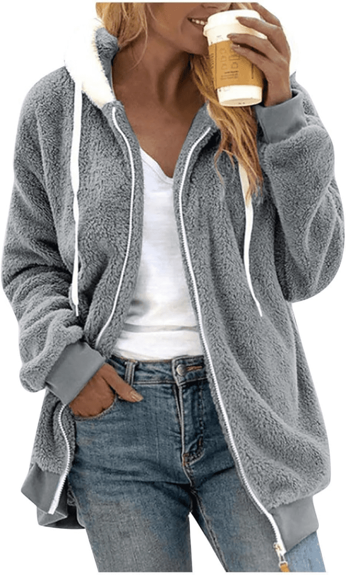 Winter Coats for Women Fuzzy Fleece Jacket Hooded Color Block Patchwork Cardigan Coat Outerwear with Pocket S-5XL - Image 2