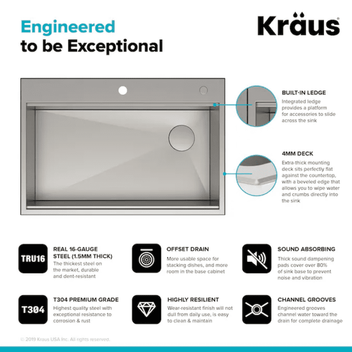 Kore Workstation Dual-Mount 33-In X 22-In Stainless Steel Single Bowl 2-Hole Workstation Kitchen Sink - Image 10