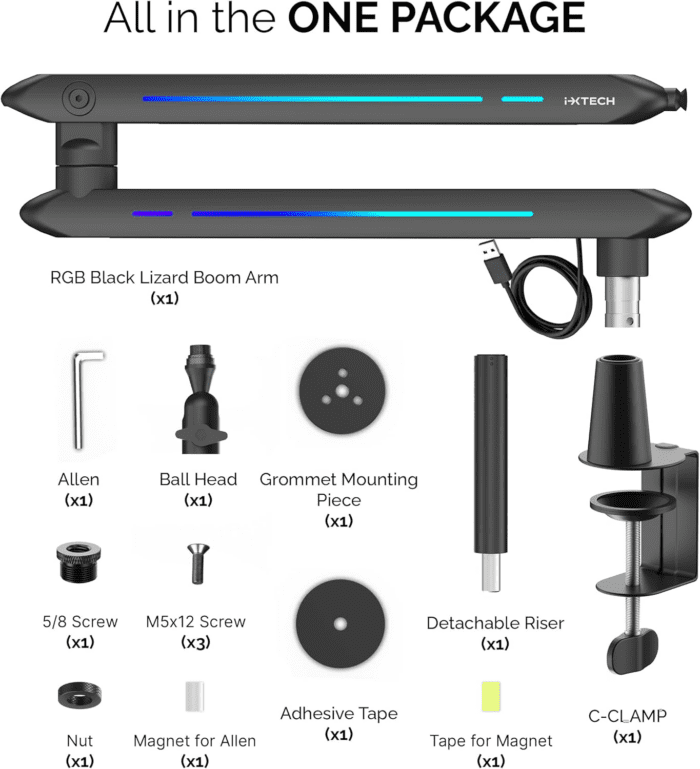 RGB Low Profile Boom Arm for Mic, Adjustable Microphone Arm Stand with Desk Mount Clamp, Rotatable Microphone Boom Arm Mic Stand with Cable Management for Podcast Streaming Gaming Studio (Blck) - Image 9