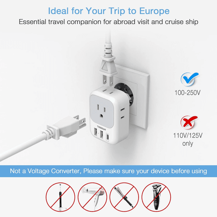 2 Pack European Travel Plug Adapter USB C,  US to Europe Plug Adapter with 4 Outlets 3 USB Charger (1 USB C Port), Type C Power Adaptor to Italy Spain France Portugal Iceland Germany, White Gray - Image 5