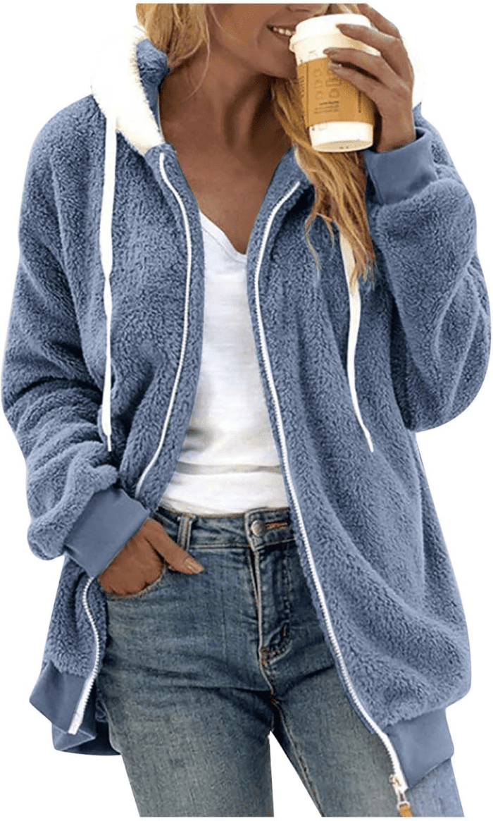 Winter Coats for Women Fuzzy Fleece Jacket Hooded Color Block Patchwork Cardigan Coat Outerwear with Pocket S-5XL - Image 2