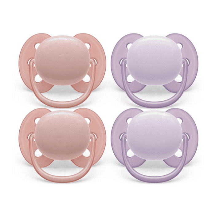 Ultra Soft Pacifier - 4 X Soft and Flexible Baby Pacifiers for Babies Aged 0-6 Months, BPA Free with Sterilizer Carry Case, SCF091/25