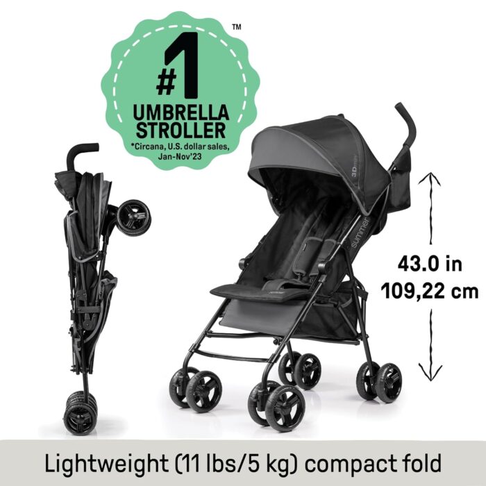 Summer by  3D Mini Convenience Stroller – Lightweight Stroller with Compact Fold, Multi-Position Recline, Canopy with Pop Out Sun Visor – Umbrella Stroller for Travel & More, Blue/Black - Image 3