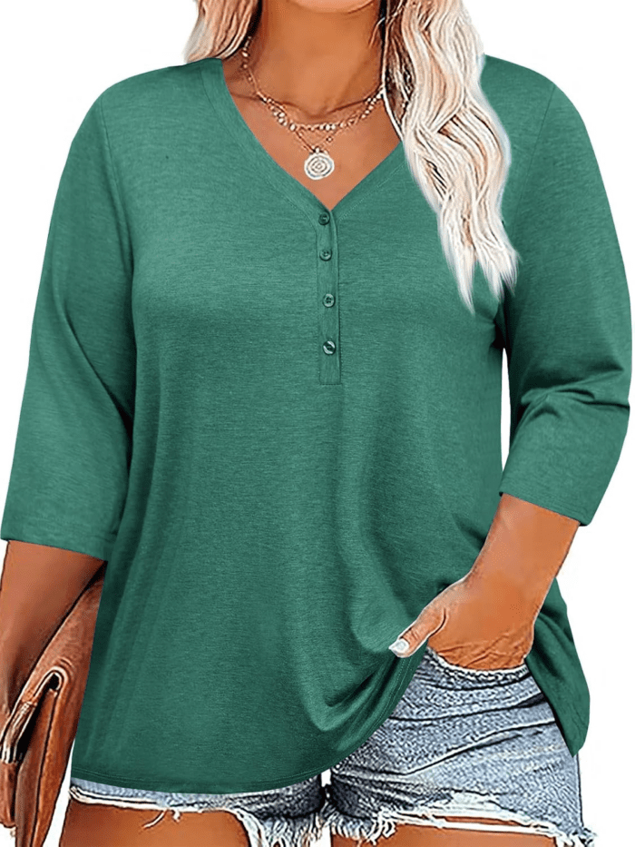 Women plus Size Tops V Neck 3/4 Sleeve Casual Tshirts Loose Basic Tunic Tees