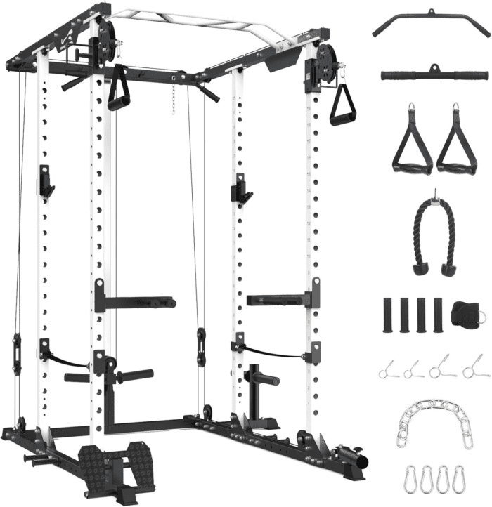 Power Cage, 2000 Lbs Power Rack with Cable Cross-Over System, Multi-Functional Strength Training Squat Rack with LAT Pull down System, Home Gym Equipment with Training Attachment