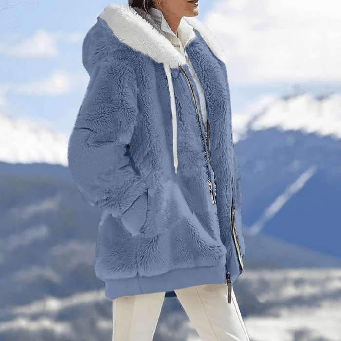 Winter Coats for Women Fuzzy Fleece Jacket Hooded Color Block Patchwork Cardigan Coat Outerwear with Pocket S-5XL - Image 5