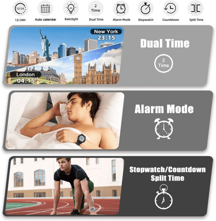 Digital Watch Waterproof with Stopwatch Alarm Countdown Dual Time, Ultra-Thin Super Wide-Angle Display Digital Wrist Watches for Men Women - Image 3