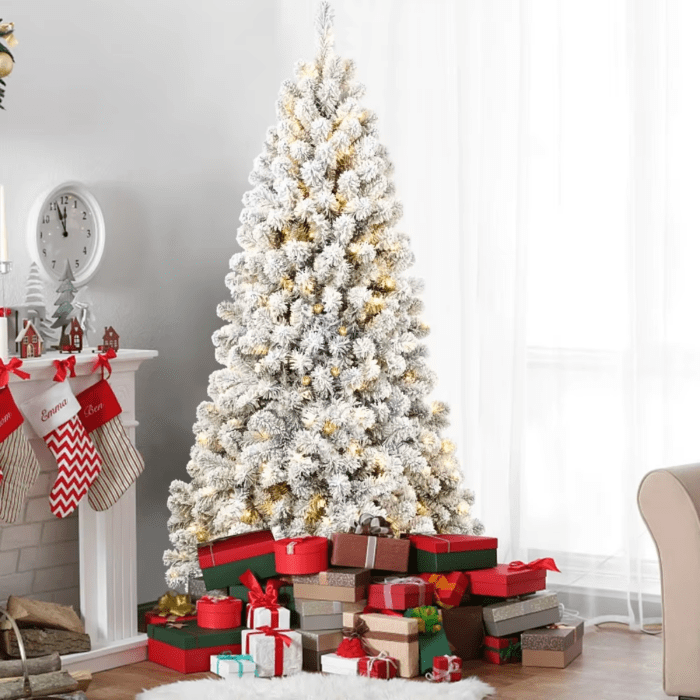 6Ft Pre-Lit Flocked Christmas Tree, Artificial Christmas Tree with Lights, Snow Frosted Trees Christmas Decor 2024 - Image 2