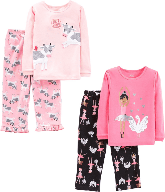 Girls' 4-Piece Pajama Set (Cotton Top & Fleece Bottom)