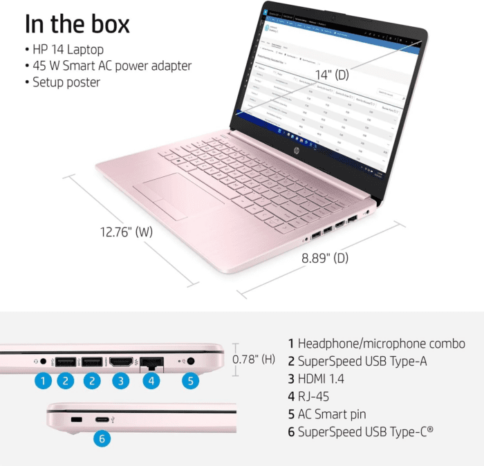 Portable Laptop (Include 1 Year Microsoft 365), 14’’ HD Display, 8GB RAM, 64GB Emmc, Intel Quad-Core N4120, Student and Business, Webcam, HDMI, Wi-Fi, RJ-45, Windows 11 Home, Pink - Image 3