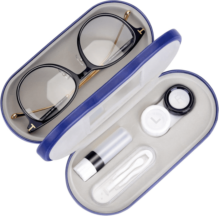 2 in 1 Double Sided Portable Contact Lens Case and Glasses Case,Dual Use Design with Built-In Mirror, Tweezer and Contact Lens Solution Bottle Included for Travel Kit