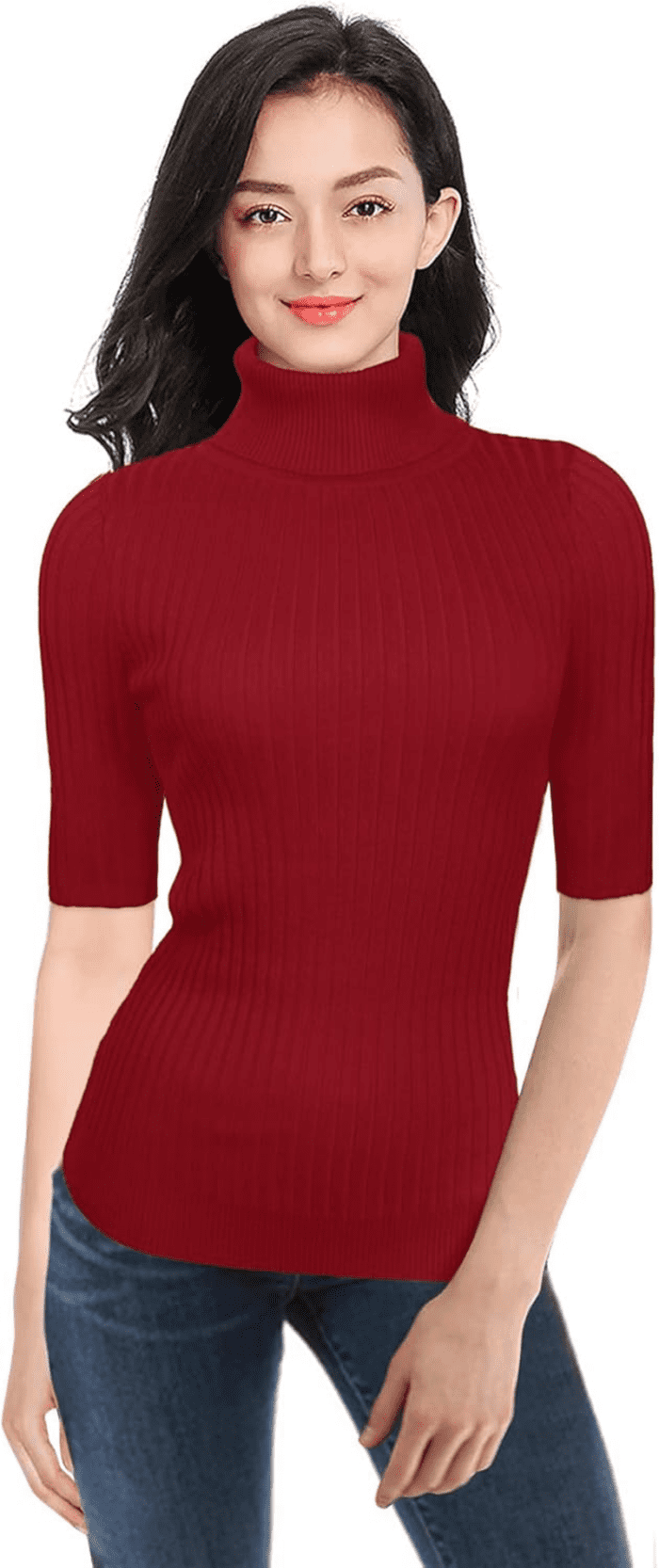 Women Turtleneck 1/2 Half Sleeve Highly Stretchy Ribbed Knit Fitted Sweater - Image 2