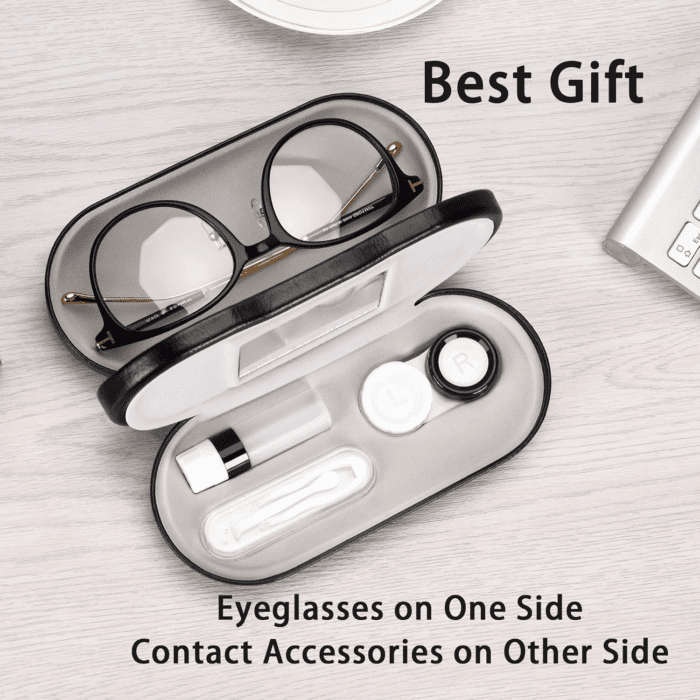 2 in 1 Double Sided Portable Contact Lens Case and Glasses Case,Dual Use Design with Built-In Mirror, Tweezer and Contact Lens Solution Bottle Included for Travel Kit - Image 4