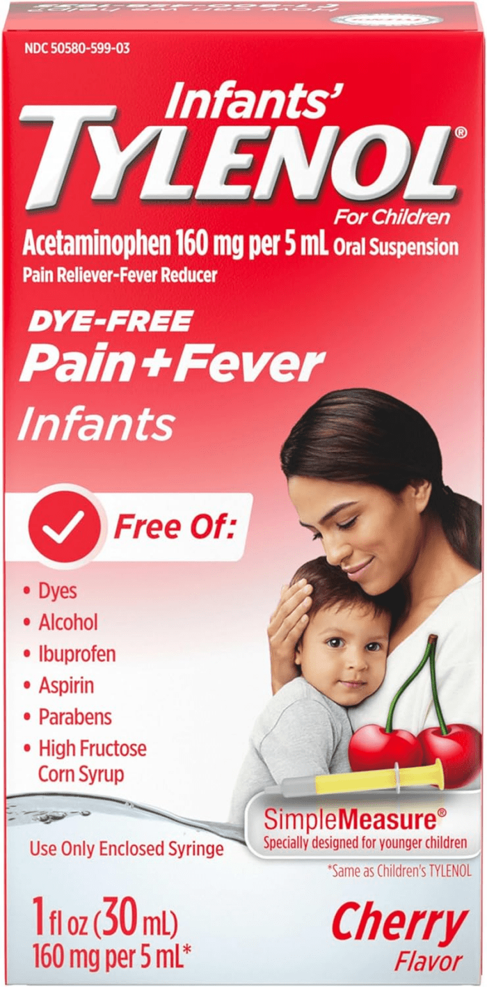 Infants Oral Suspension Liquid Medicine with Acetaminophen, Baby Fever Reducer & Pain Reliever for Minor Aches & Pains, Sore Throat, Headache & Teething Pain, Dye-Free Cherry, 1 Fl. Oz