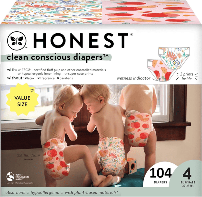 Clean Conscious Diapers | Plant-Based, Sustainable | Just Peachy + Flower Power | Super Club Box, Size 4 (22-37 Lbs), 104 Count