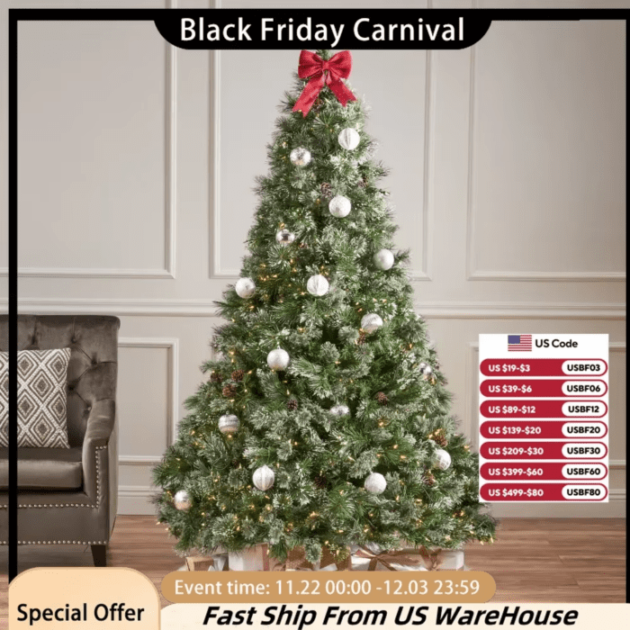 7FT Christmas Trees, Spikes Cashmere and Snow Mane Mixed Tree with 75 Pinecones and 900 LED Light 1233 Tips Christmas Decor 2024