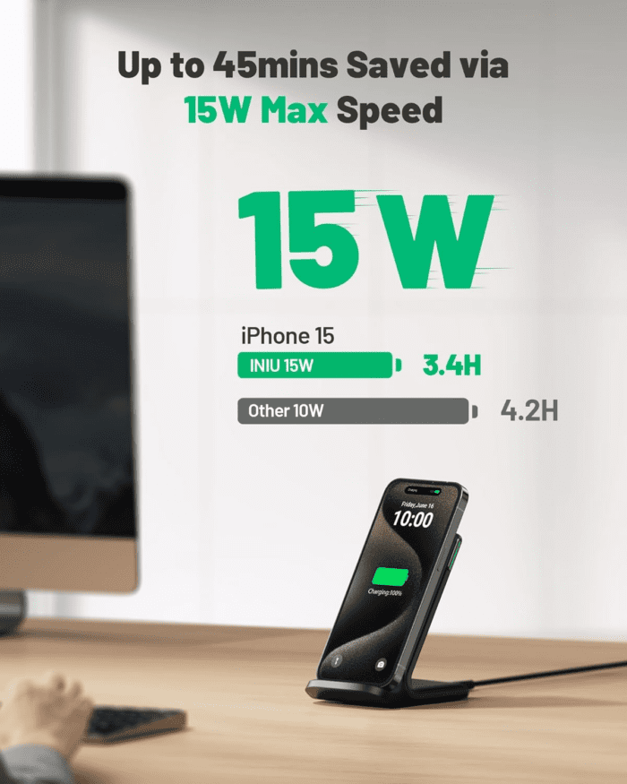 Wireless Charger, 15W Fast Qi-Certified Wireless Charging Station with Sleep-Friendly Adaptive Light Compatible with Iphone 16 15 14 13 Pro XS 8 plus Samsung Galaxy S23 S22 S21 Note 20 Google Etc - Image 2