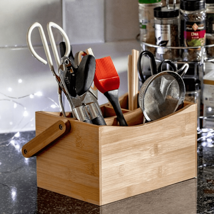 Tan Wood 4-Compartment Freestanding Utensil Crock - Image 3