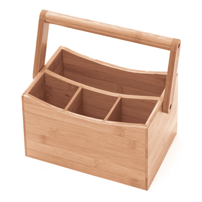 Tan Wood 4-Compartment Freestanding Utensil Crock