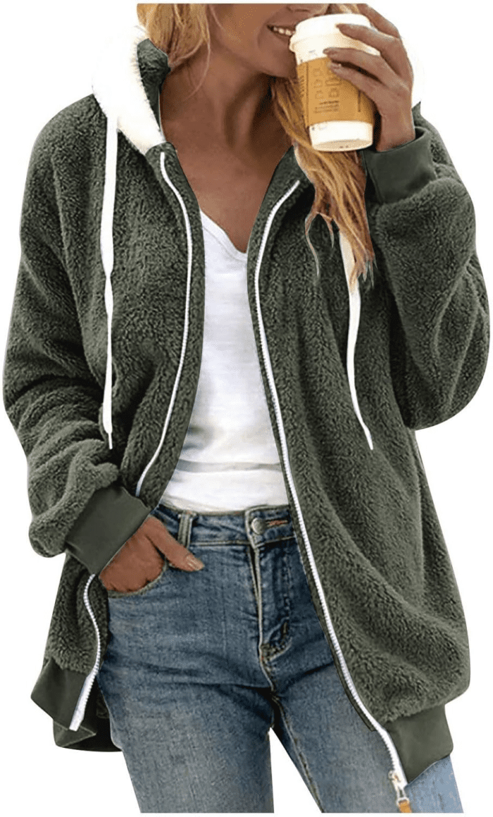 Winter Coats for Women Fuzzy Fleece Jacket Hooded Color Block Patchwork Cardigan Coat Outerwear with Pocket S-5XL - Image 2